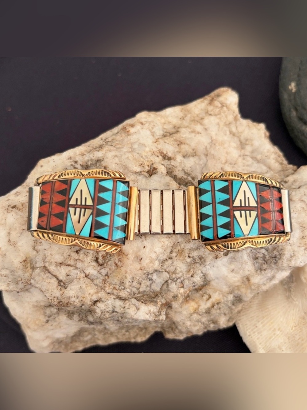 Vintage 14K Gold Native American Zuni Watch Tips Artist Signed Walley